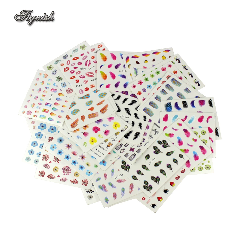 Переводные наклейки для ногтей Tignish разноцветные цветочные перья 48 листов/партия