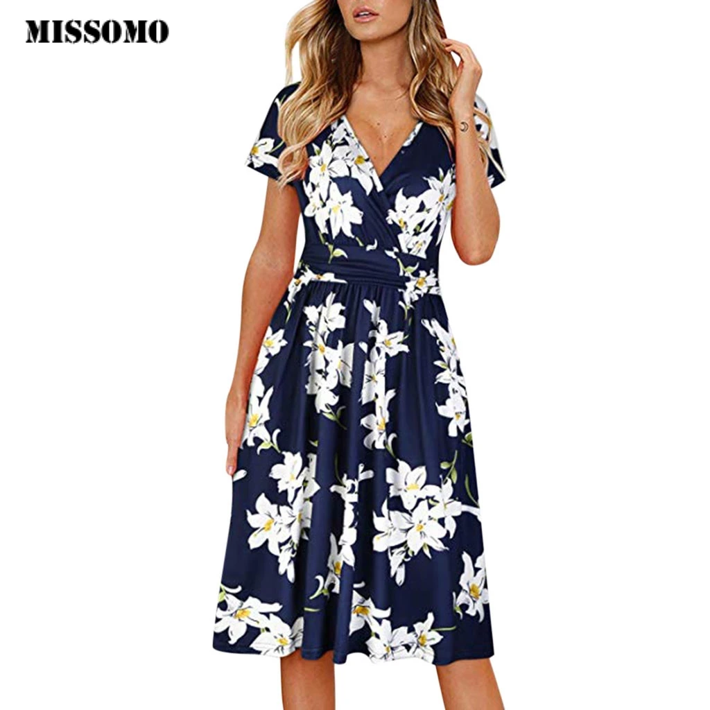 MISSOMO Dress Women Damask Printing Party Beach summer dress Streetwear Short Sleeve vestidos women clothes femme 614