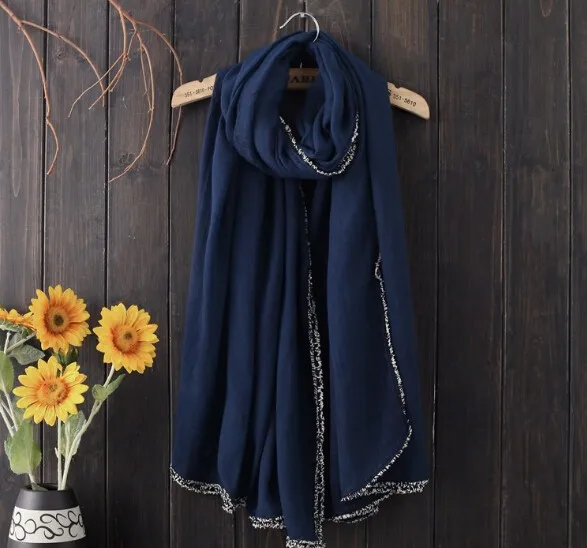 

2019 Soft Cotton Plain With Lace Boder Women Scarf Shawls Muslim Head Wraps Long Scarfs
