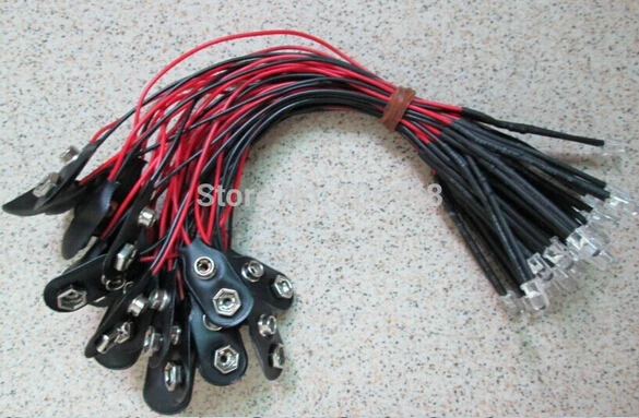 Микс воды ясно 5 мм Предварительно проводной светодиод с 9V батареи клип каждый