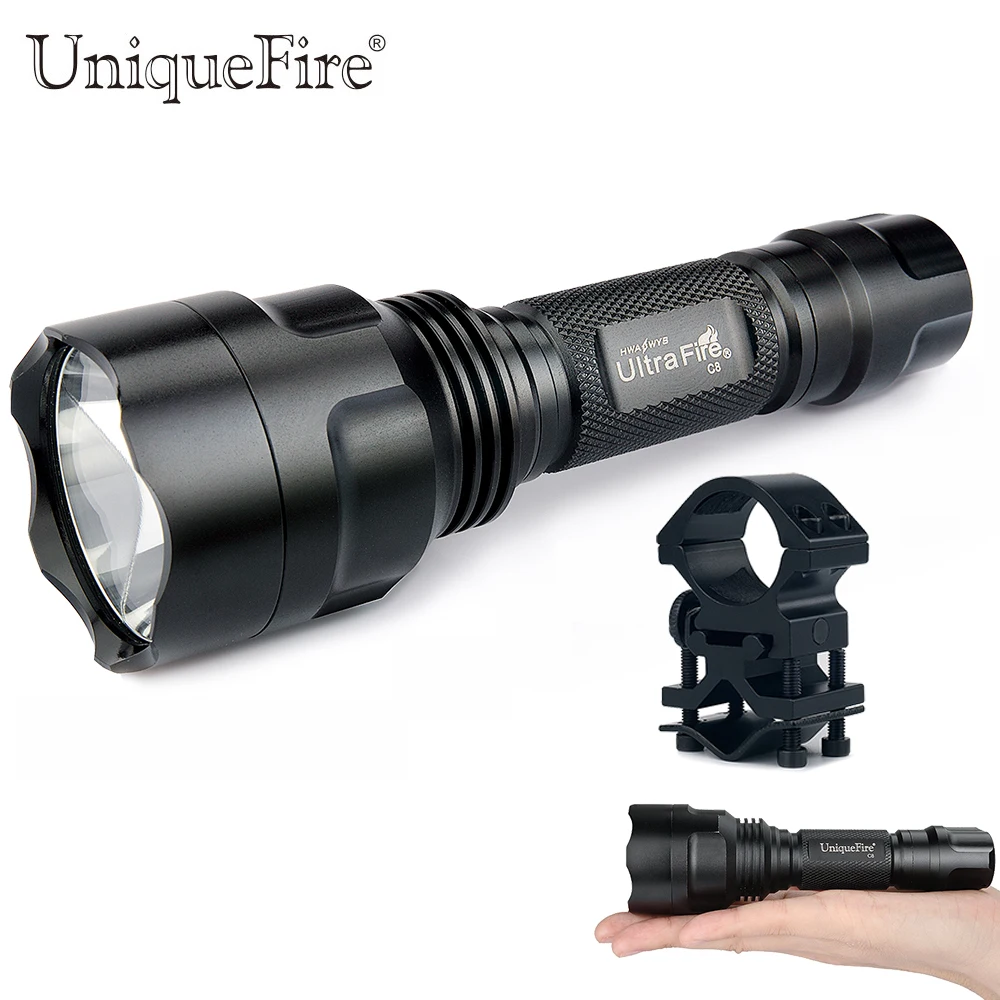 

Uniquefire C8-XPE Glass Lens LED Flashlight 3 Modes Rechargeable 18650 Lamp Torch(G/W/R)+QQ07 Scope Mount For Remote Hunting