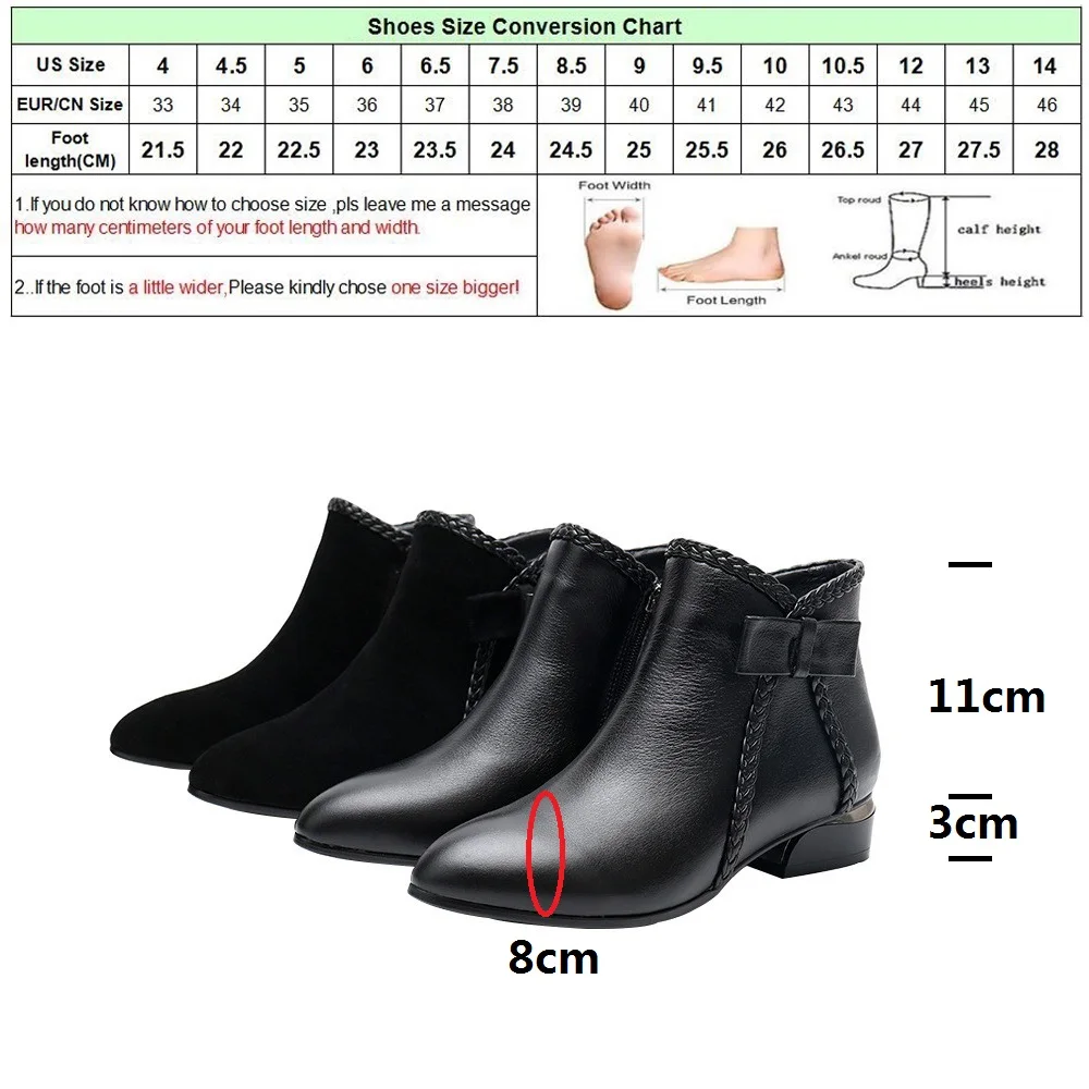 

DRFARGO Winter Shoes Women Genuine Leather Ankle Boots Pointed Toe Femme Square Heel Black Bowtie zipper Boots size 34-43 7831