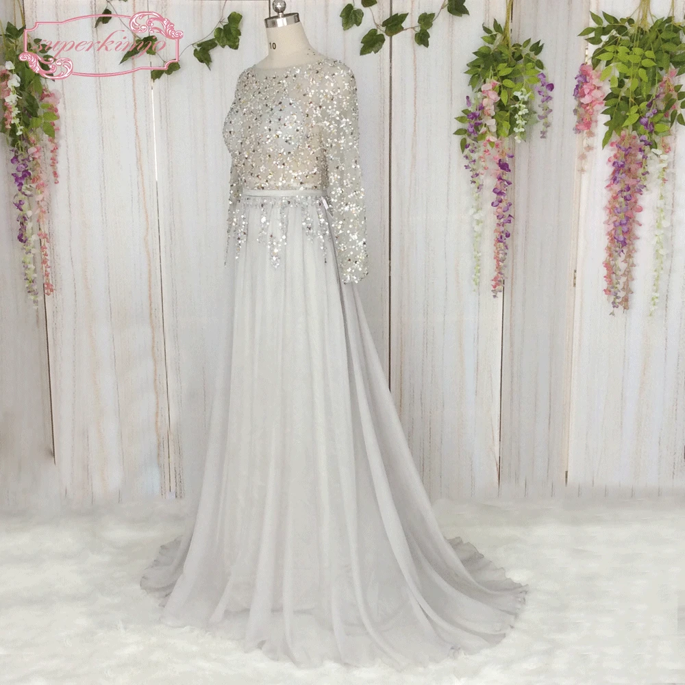 

SuperKimJo Vestido De Fiesta De Boda Silver Prom Dresses Long Sleeve Beaded Backless Elegant A Line Prom Gown Robe De Bal