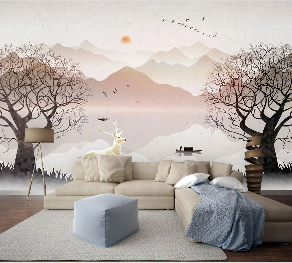 8d большой Papel фрески деревья Олень 3d обои Настенные для Гостиная диван фон