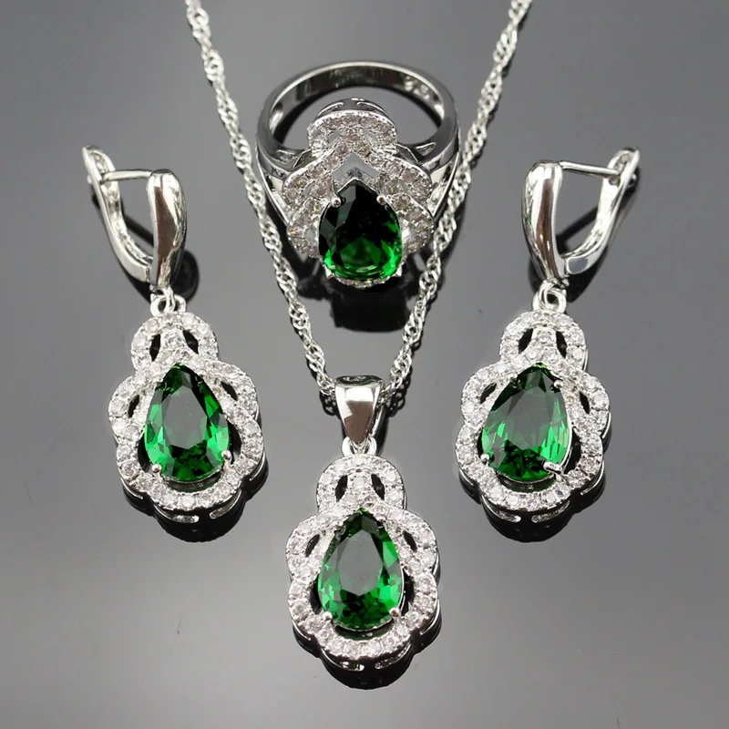 925 штамп зеленый кристалл белый циркон комплекты украшений для женщин серебро