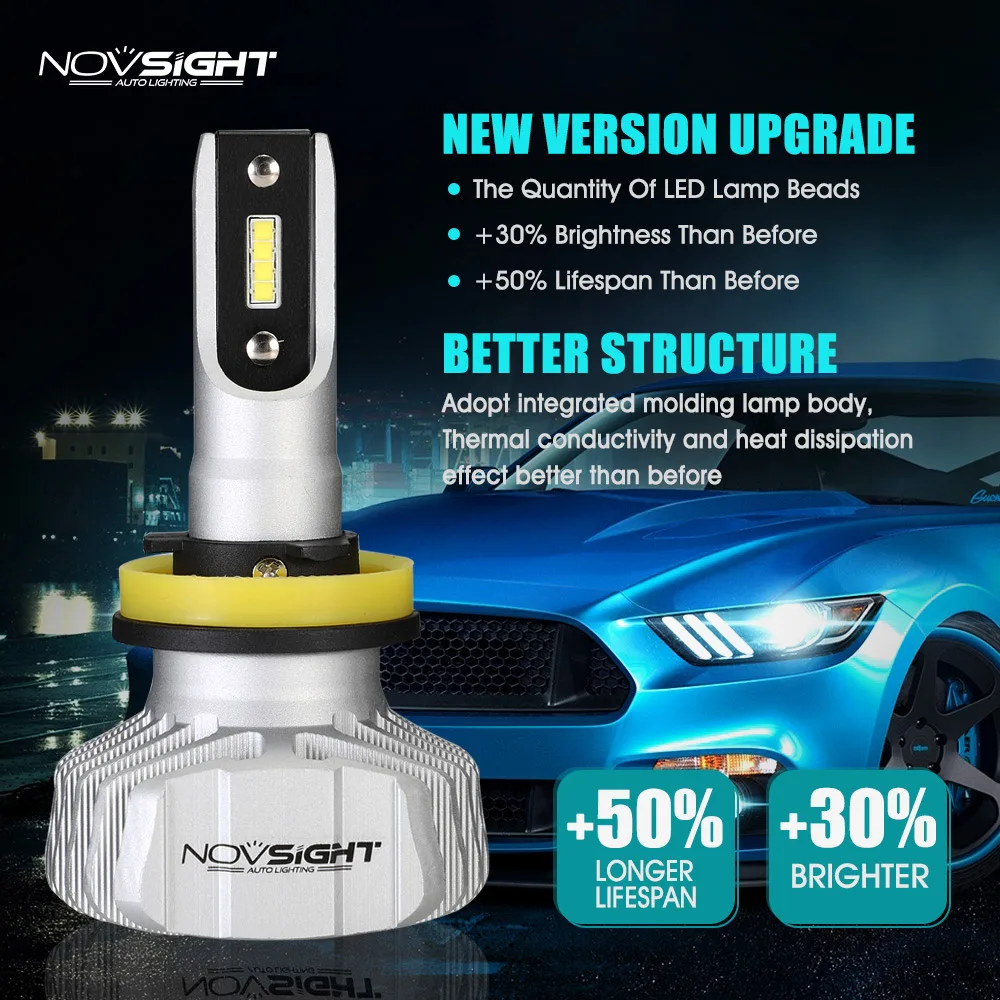 2 шт. H11 H8 светодиодный фонарь для авто NOVSIGHT 10000лм 12 В 24 в 50 Вт 6500 к белый H4 H7 HB3 HB4 светодиодный фонарь для стайлинга автомобилей