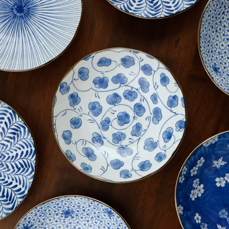 8 дюймов в японском стиле синяя и белая фарфоровая посуда керамическая тарелка