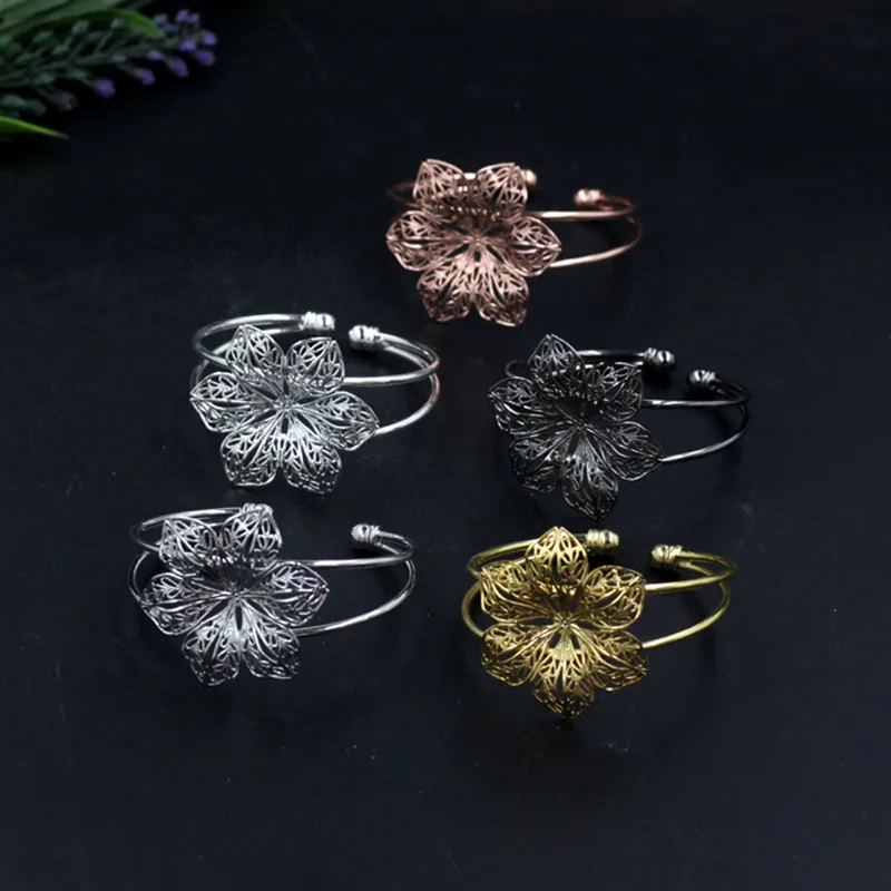 

5 PCS 65mm*45mm Filigree Flowers Bangle Base Open Ball Metal Copper 5 Colors Plated Bangle Setting For Jewelry Making