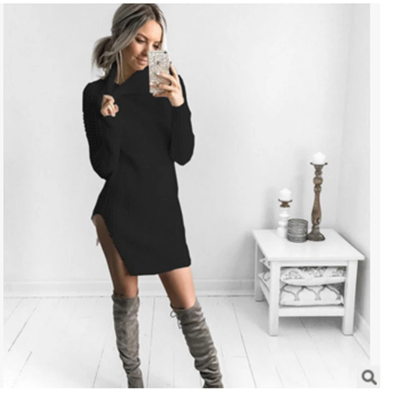 2017 Women Autumn Winter Long Sleeve Sweater Dresses Slim Turtleneck Sexy Bodycon Split Ends Knitted Solid Color Robe Dress | Женская
