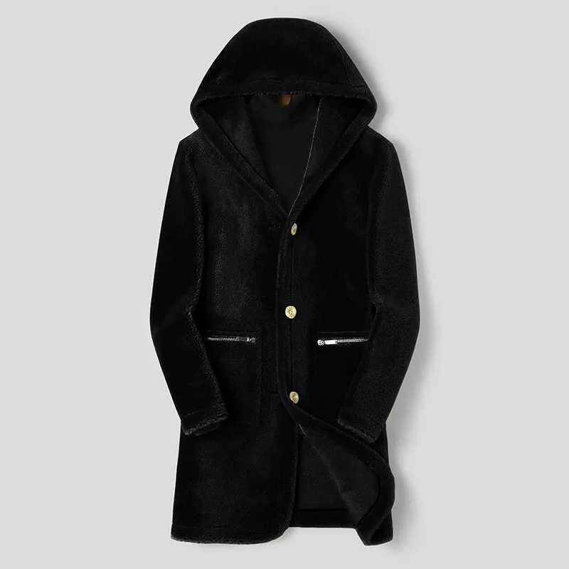 black Пальто из натуральной шерсти, мужская зимняя куртка, длинные пальто из натуральной овечьей шерсти, Двусторонняя одежда, замшевая кожаная куртка, Veste L18-7201, MY1632 - Цвет: black