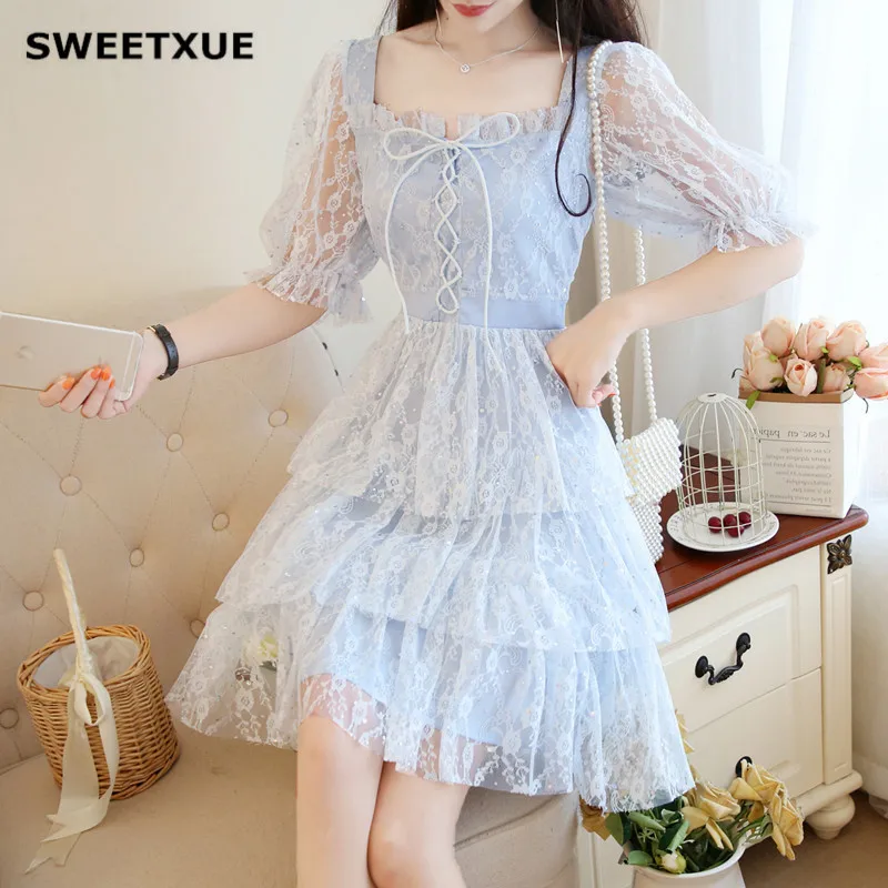 Сладкий xuee лето темперамент квадратный воротник супер фея платье тонкий высокая