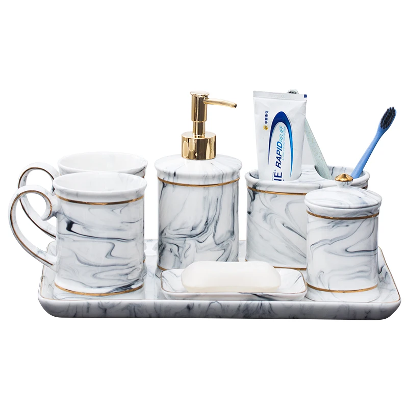 

5Pcs Direct marketing light luxury marble bathroom toiletries set ceramic mugs household bathroom storage decorative ornaments