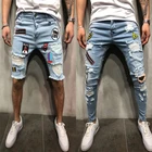 Мужские рваные потертые облегающие эластичные Стрейчевые штаны с нашивками, Мужская Уличная одежда в стиле хип-хоп, джинсовые брюки с дырками, байкерские джинсовые брюки
