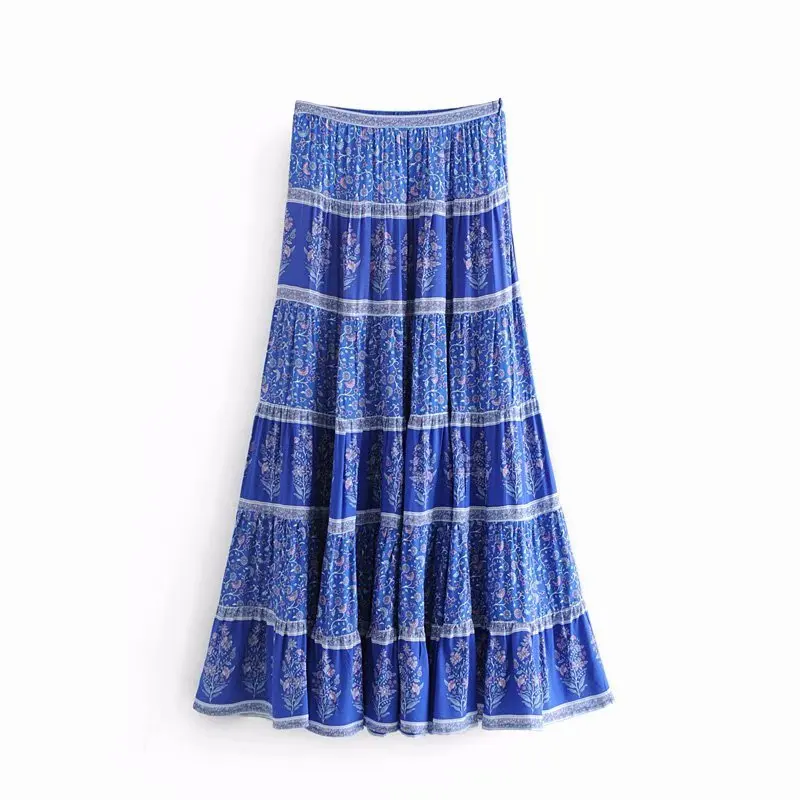 TEELYNN boho skirt 2018 autumn Rayon blue floral print large swing women beach wear Casual Hippie a-line long skirts falda | Женская