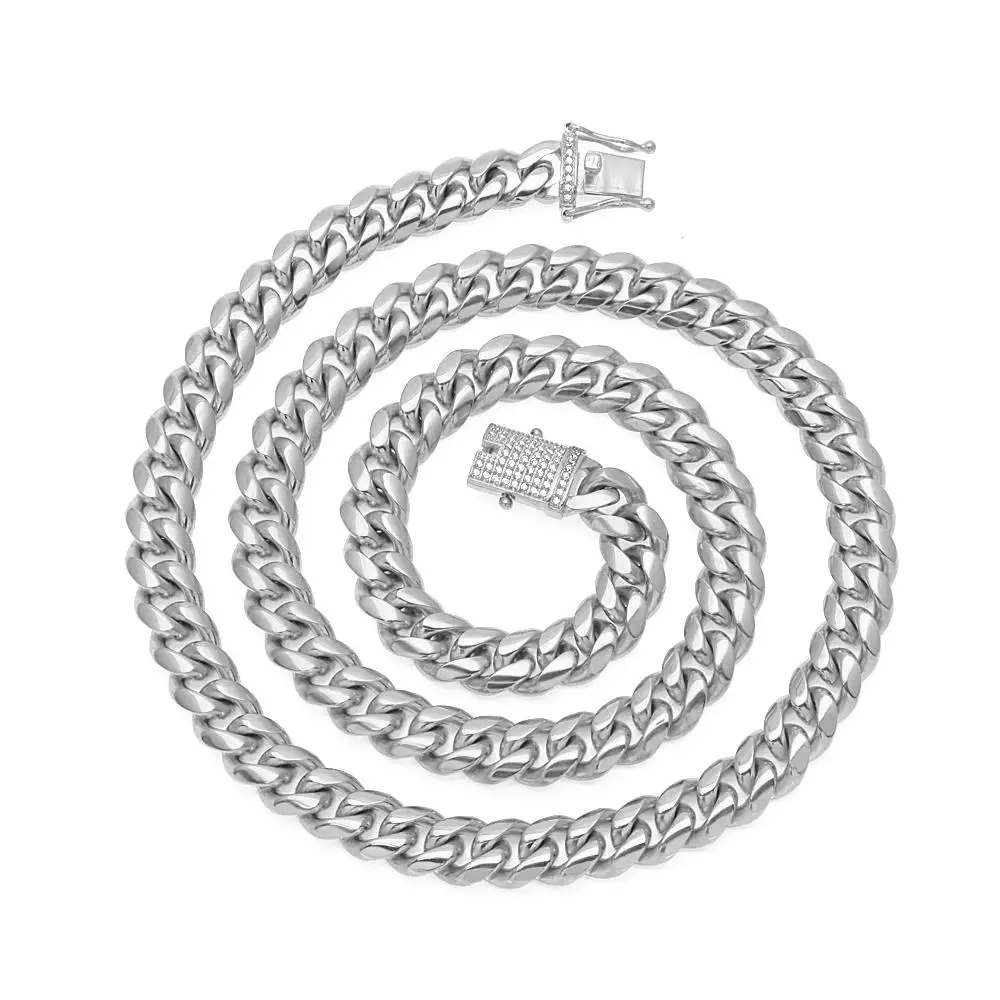 Нержавеющая сталь КУБИНСКИЙ звено цепи с Bling CZ циркония тройной Замок Роскошные Одежда высшего качества Цепочки и ожерелья 12 и 14 мм хип-хоп Для мужчин ювелирные изделия - Окраска металла: Steel Color