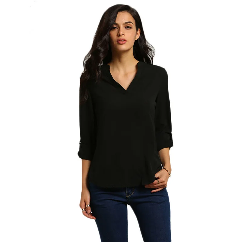 2017 Женщины С Длинным Рукавом отложным V образным Вырезом Блузка Твердые Сыпучие