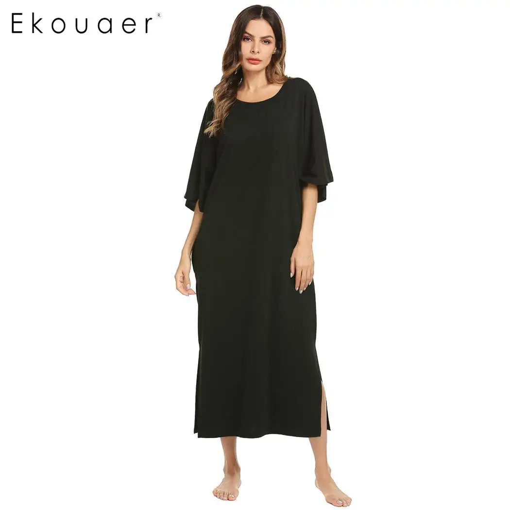 Женская ночная рубашка Ekouaer однотонная хлопковая с круглым вырезом и коротким