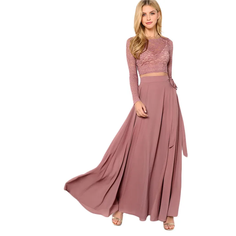 SHEIN Модный Кружевной Топ И Модная Юбка Комплект Женский Розовый Романтичный Топ С Длинными Рукавами И Длинной Юбкой С Поясом