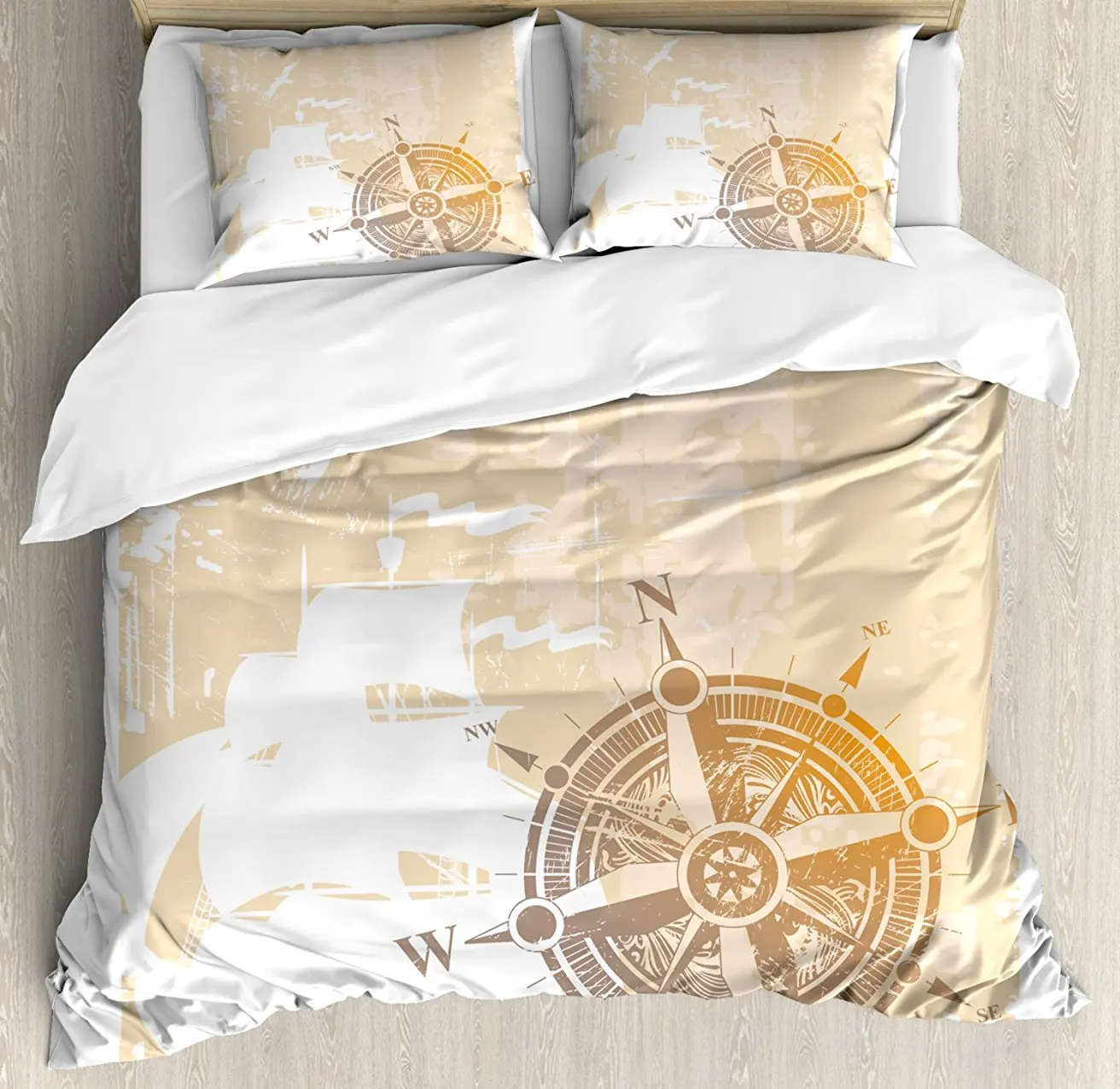 Duvet Cover Set Nautical Themed Compass Marine Life Inspired Windrose Ship Rope Background 4 Piece Bedding | Дом и сад