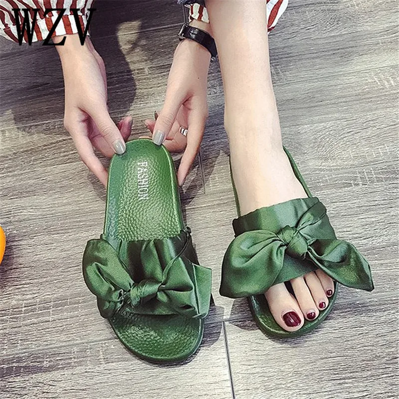 Весна-лето 2019 шелковые шлепанцы с бантом женская летняя пляжная обувь женские