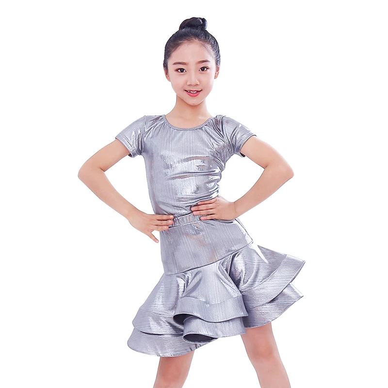 

Kids Latin Dance Dress Girls Silver/Gold Short Sleeve Practice Clothes Latin Competition Dresses Children Rumba Clothes DQL1316