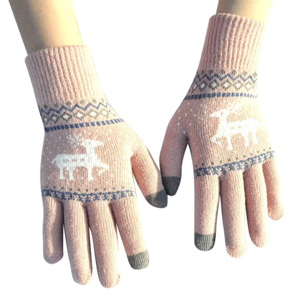 Light pink MISSKY Wo мужские перчатки зимние теплые перчатки для сенсорного экрана шерстяные вязаные Рождественские перчатки с изображением оленя - Цвет: Light pink