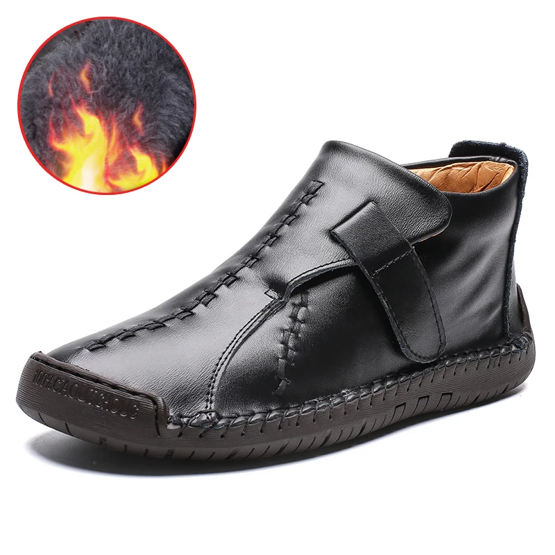 Мужские ботинки на меху Черные ботильоны из высококачественной кожи с плюшевой