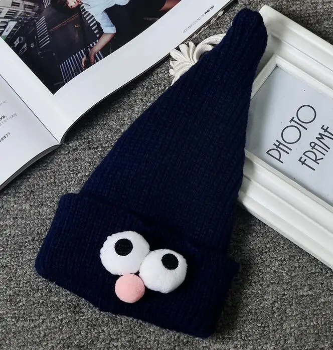dark blue Новые детские зимние шапки ярких цветов, милая шапка с большими глазами, вязаная шапка для мальчиков и девочек, остроконечный головной убор, зимняя Осенняя вязаная шапка - Цвет: dark blue