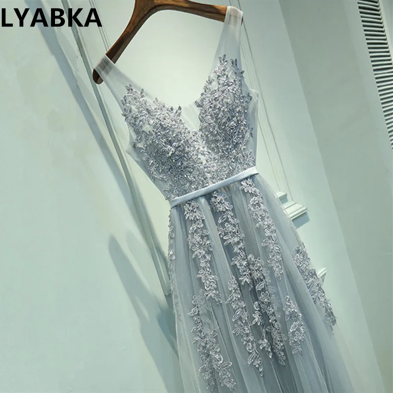 Сексуальное вечернее платье с v-образным вырезом, Robe De Soiree, высокое качество, Серый Тюль, вечерние платья с аппликацией, настоящая фотография, vestido de festa
