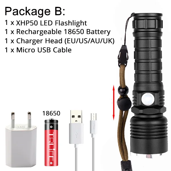Option B Самый мощный светодиодный фонарик XHP70.2, фонарик с USB зумом, светодиодный фонарь, лампа XHP70 XHP50.2, аккумулятор 18650, лучше всего подходит для активного отдыха - Испускаемый цвет: Option B