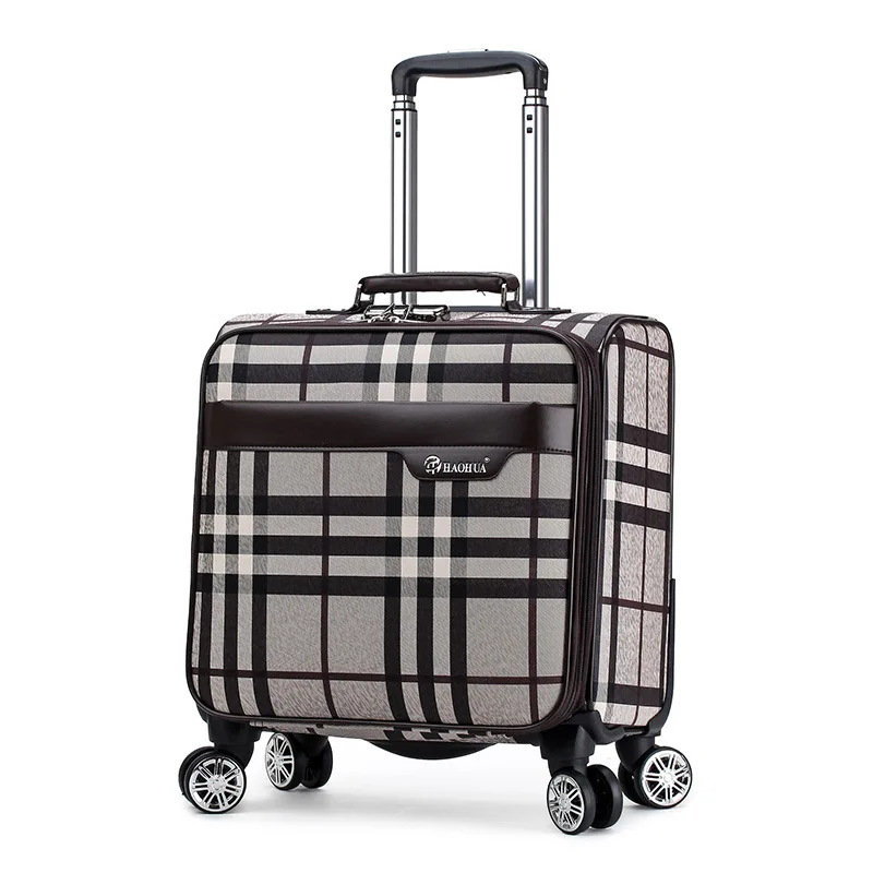Brown Grid PU ZYJ унисекс бизнес путешествия кожа сумки на колёсиках s Spinner колеса 18 дюймов полосатый чемодан самолет носить на тележке Багаж - Цвет: Brown Grid PU