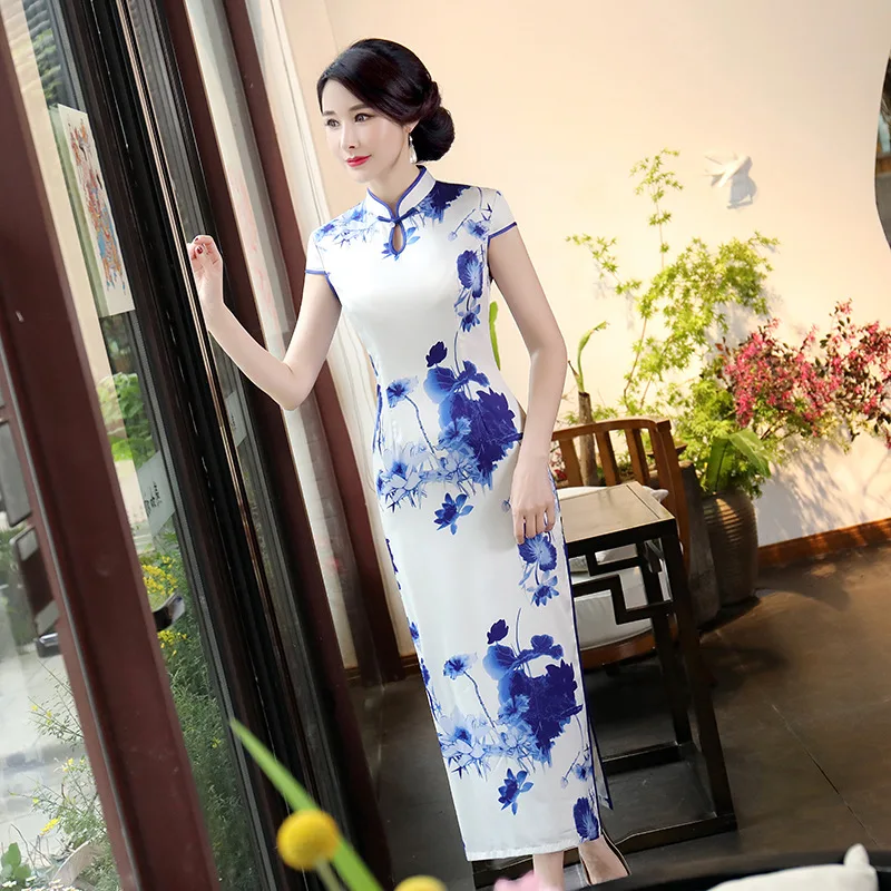 

Chinese Traditional Cheongsam Women's Silk Satin Long Dress Lady Ball Gown