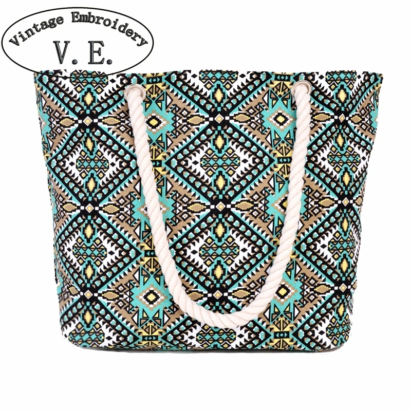 Винтажная женская сумка с вышивкой Boho красочные холщовые пляжные сумки