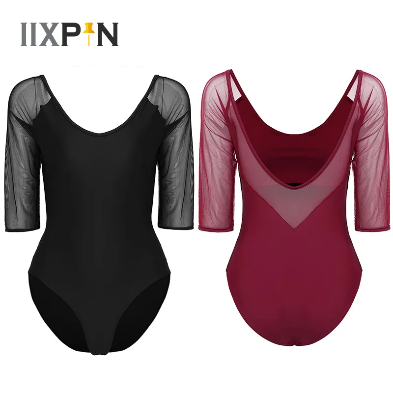 

IIXPIN Women Mesh Ballet Leotards 3/4 sleeve Dance Leotard Ballet Practice dance Costume Gymnastics Leotard Built In Shelf Bra