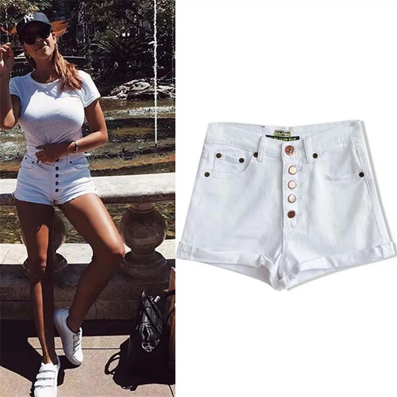 Женские джинсовые шорты на пуговицах повседневные модные с высокой талией 2018 |
