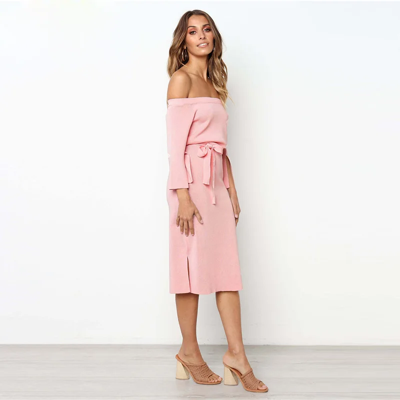 Женское платье с длинным рукавом ELSVIOS розовое Повседневное вырезом лодочкой и