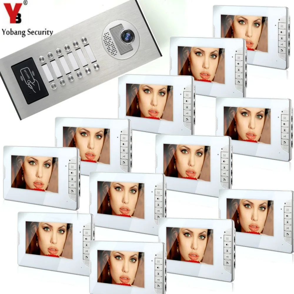 YobangSecurity 12 Eenheden Appartement Wired 7 "Inch Video Deurtelefoon Video Entry Intercom Systeem Deurbel Toegang RFID IR Camera