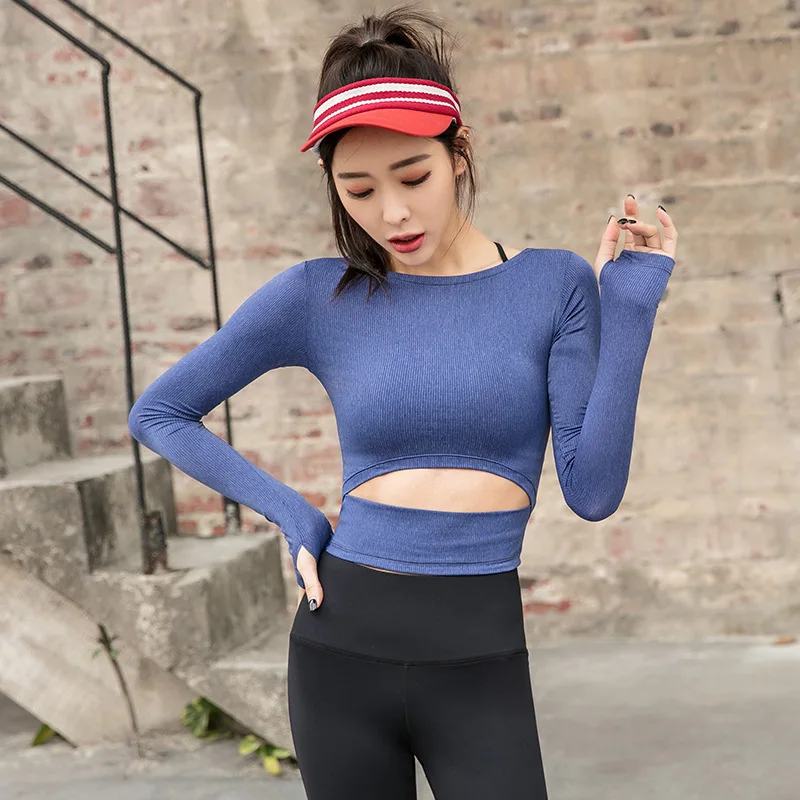 

Кроп-Топ женский с вырезами спереди, пикантная рубашка с длинным рукавом для йоги, однотонный топ с длинным рукавом для тренировок, топ для т...