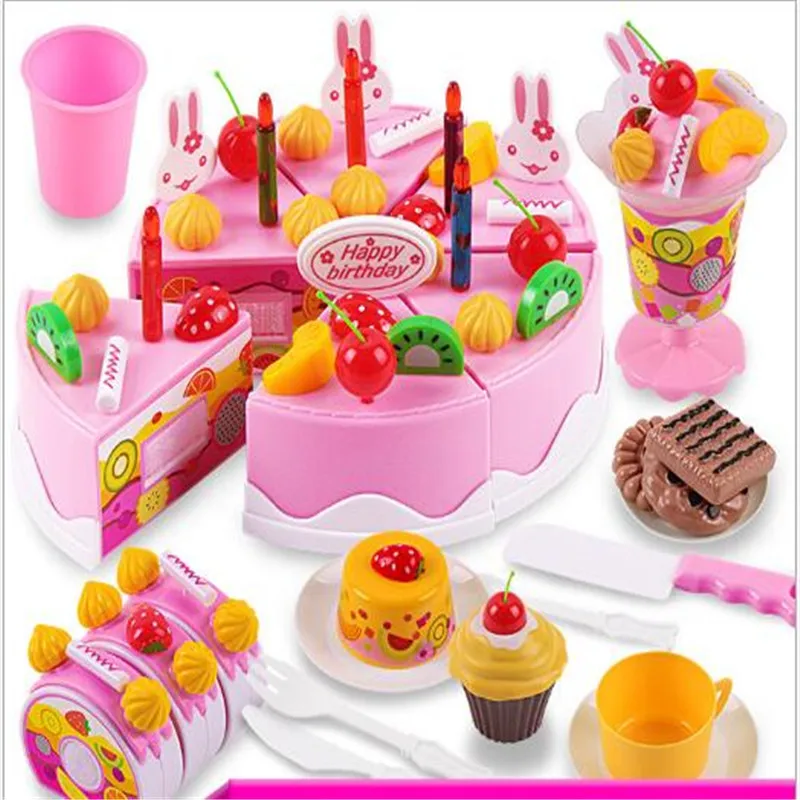 75Pcs Children Plastic DIY Pretend Play Fruit Cutting Birthday Colorful Cake Kitchen Food Toy Pink Blue Color For Girls Gift