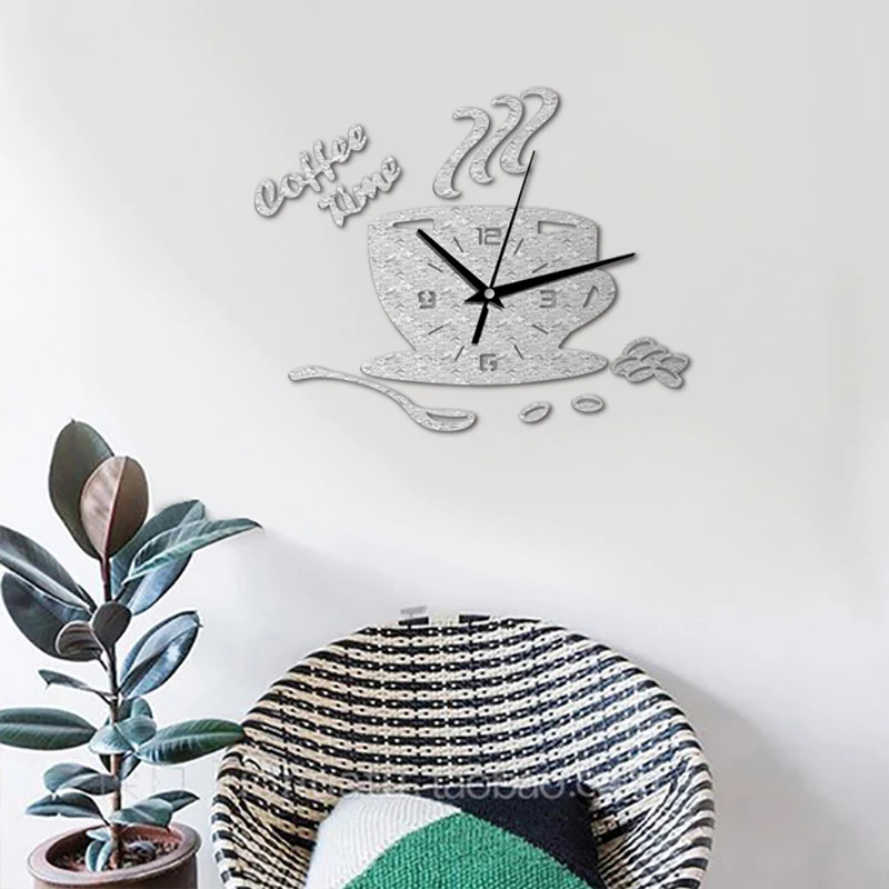 3D Diy Coffee Time Clock Acrylic Wall Clock Modern For Kitchen Home Decor Cup Shape Wall Sticker Hollow Numeral Clock