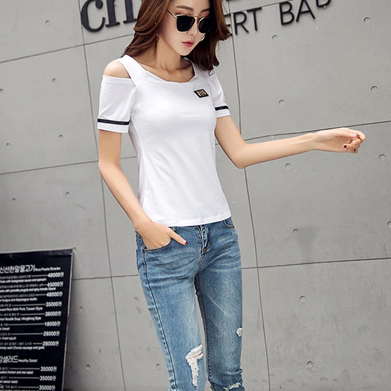 Женский топ с открытыми плечами однотонная хлопковая Футболка черный красный