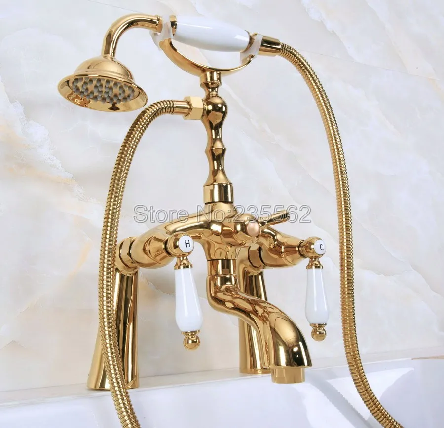 

Golden Brass Bathroom Deck Mounted Clawfoot Bathtub Faucet W/ Telephone Style Handheld Shower Head Mixer Tap lna132