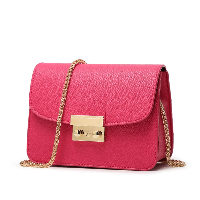 Hot Pink Высококачественные женские Мини-Сумки из искусственной кожи с клапаном для женщин, однотонные белые дамские маленькие сумки с замком и цепочкой для девушек, клатч через плечо - Цвет: Hot Pink