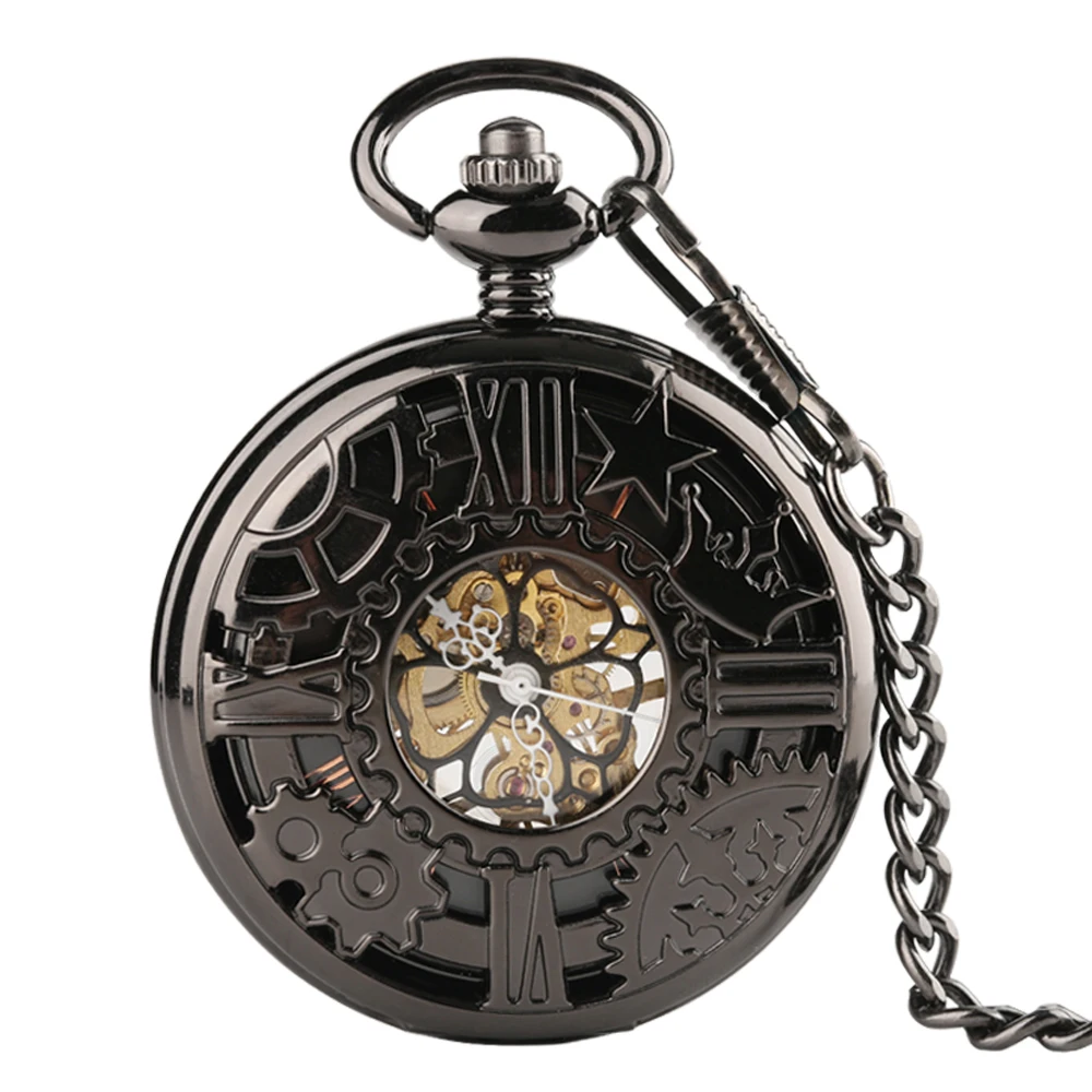 Antique Hand Mechanical Pocket Watch Vintage Gear Wheel Full Hunter Black Pendant Necklace Pocket Clock Gift for Women Men
