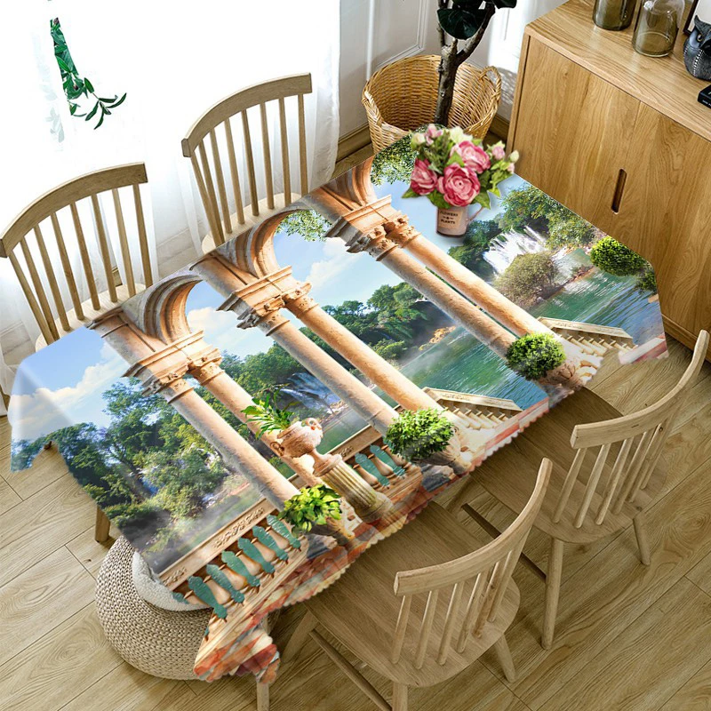 

Europe Architecture print 3d Round Tablecloth Beach Scenery Pattern Washable Thicken Cotton Rectangular Table Cloth for Wedding