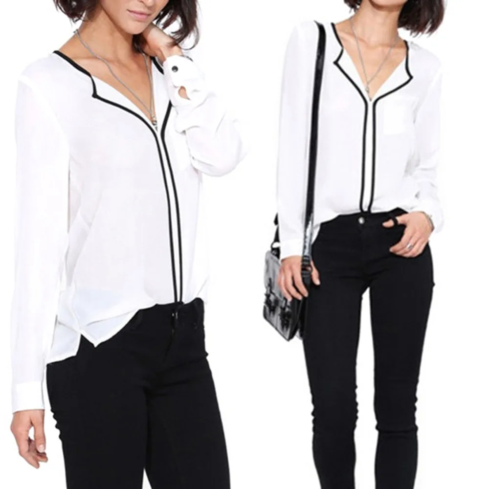 Мода 2016 Женская Повседневная Свободная белая шифоновая блузка с длинным рукавом