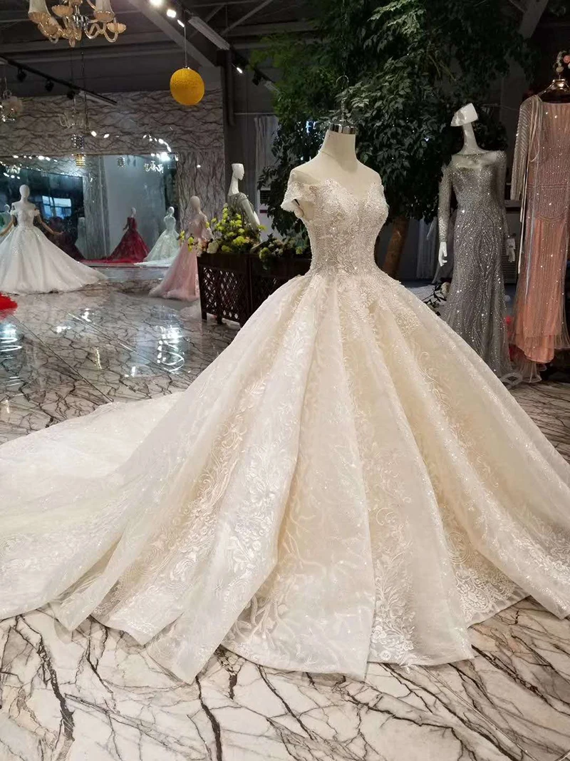 LSS186 блестящие кружевные свадебные платья с открытыми плечами милое бальное