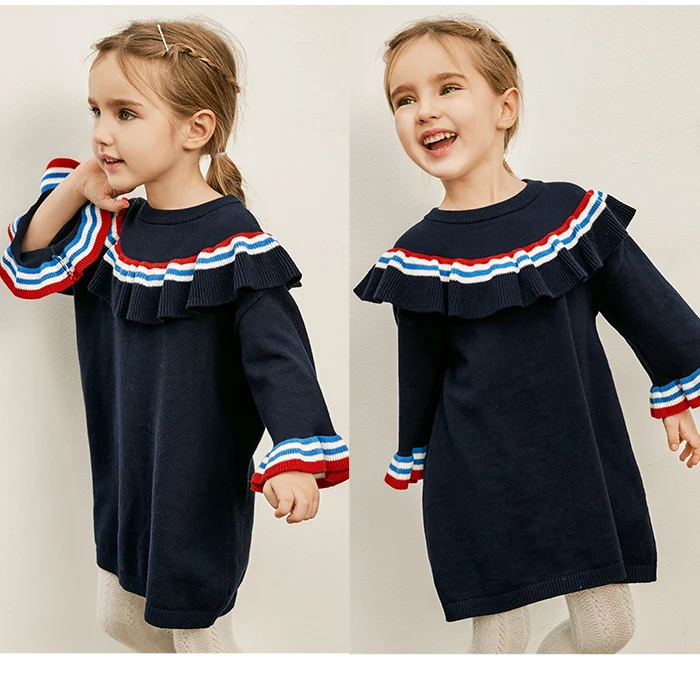 MinibalabalaGirls/Хлопковое платье; Новинка г.; весенняя одежда для маленьких детей в школьном стиле; вязаные хлопковые платья с длинными рукавами