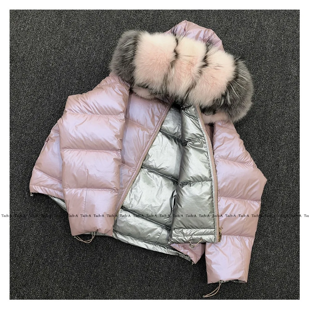 Женское зимнее пальто, куртка-пуховик на белом утином пуху, короткая, chaqueta mujer, с капюшоном, с натуральным лисьим мехом, doudoune femme hiver, розовая парка размера плюс