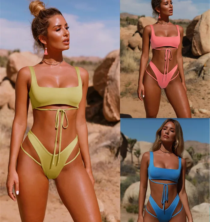 Женский купальник бикини с плетеным ремешком купальный костюм из двух предметов